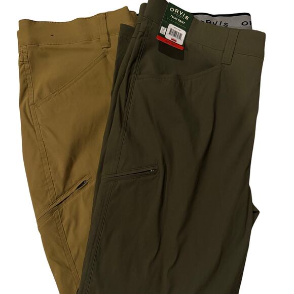 2 pairs of Orvis Men's Tech Pants 34 x 30 Olive Tan 5 -6 Pockets Water repellant - Picture 1 of 10